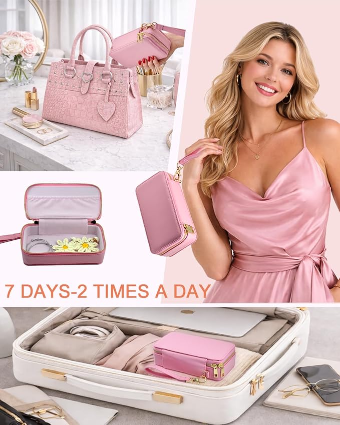 Pill Organizer 2 Times a Day, PU Leather Pill Case for Women, Portable Weekly Pill Box for Purse with Storage Bag to Hold Vitamins, Medications, Fish Oils, Supplements