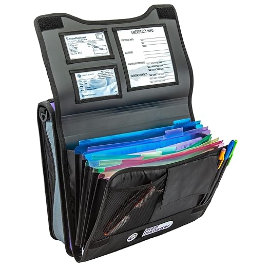 Med Manager Medicine Organizer and Binder, Removable Pouches, Detachable 5-Tab Expanding File Folder, Holds 15 Pill Bottles - 11 Standard Size and 4 Large Bottles, Light Blue 13 x 13 x 4.5 inches