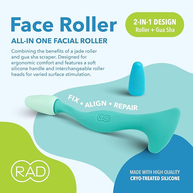 RAD 2-in-1 Face Roller – Textured and Smooth Silicone Roller Head Options - Freezer Safe for Cold Treatment - Wrinkles, Lifting & Lymphatic Drainage – Inspired by Jade Roller and Gua Sha