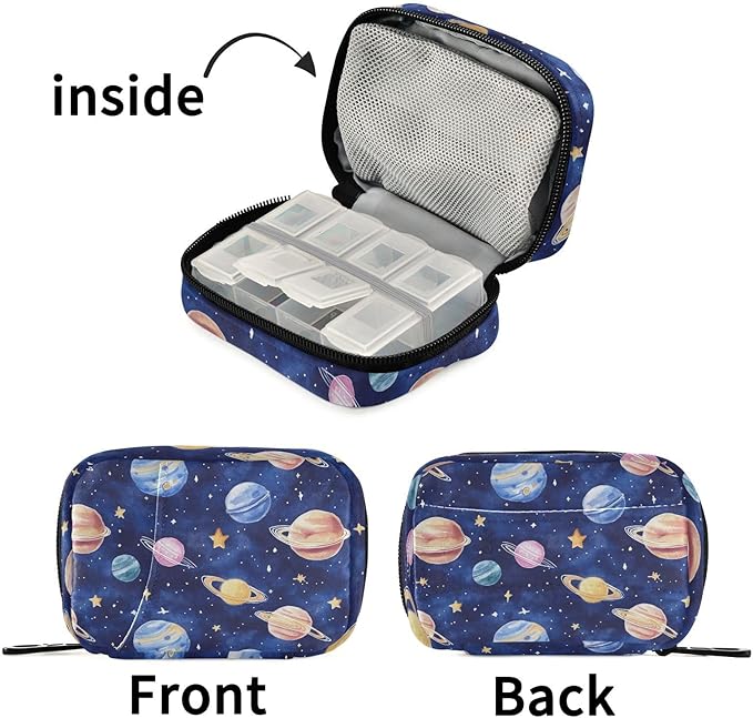 Fustylead Watercolor Hand Draw Planets and Stars Pill Organizer and Storage Weekly with Zipper, Removable Pill Box Portable Medicine Organizer for Vitamin Fish Oil Supplement