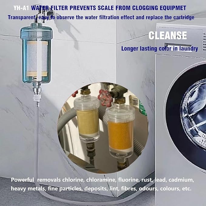 1 Micron Washing Machine Water Filter, Washer Water Filter System, For Washing Machine, Shower, > 99.5% Removal of Chlorine Fluoride, Heavy Metals, Odor, Reusable Carbon Shower Filter