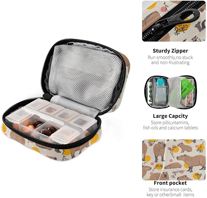 Pill Box Capybara 7 Day Pill Case Travel Pill Organizer Bag with Zipper Portable Weekly Vitamin Medicine Supplement Holder Pouch Bag