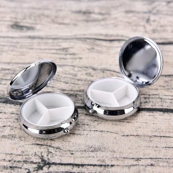 Pill Box Round Metal Pill Case Portable Mini Silver Medicine Drug Holder Container Organizer with 3 compartments for Travel Outdoor Use Pack of 2