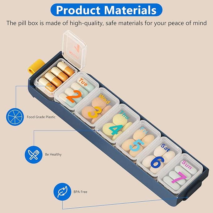 7 Day Pill Organizer, Large Capacity Weekly Pill Organizer, Pill Box Organizer with Separate compartments for Daily Medication Storage and Travel use (Blue)