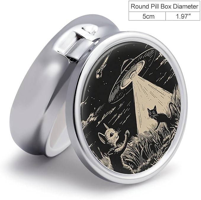 Pill Box-3 Compartment Small Pill Case, Portable Round Pill Box for Pocket or Purse, Decorative Metal Medicine Vitamin Organizer. (Alien Spaceship Landing on The cat)