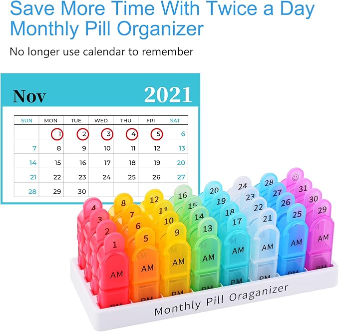 Monthly Pill Organizer 2 Times A Day, Greencycle 30 Day Medicine Organizer, AM PM Pill Cases, 4 Week Pill Box, Small Compartments to Hold Vitamins Fish Oil Supplements Great for Travel