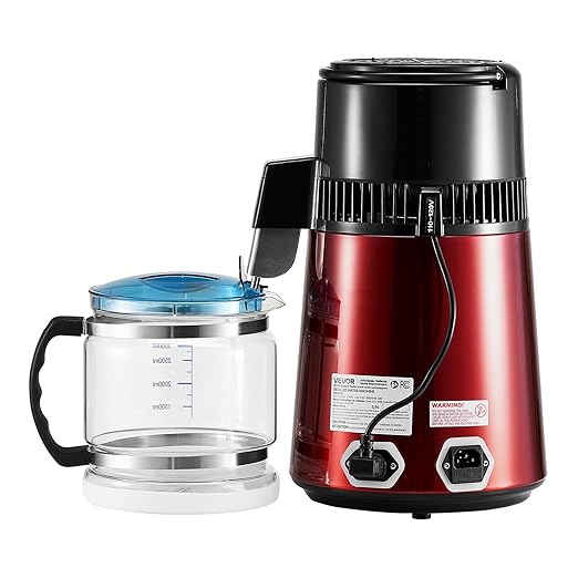 VEVOR 1750W Water Distiller, 0.4Gal/H Distilled Water Maker with Glass Carafe, 4L/1.1Gal Countertop Distiller Machine, 0-99H Time Temp Dual Display, Anti-dry Design 304 Stainless Steel Still, Wine Red