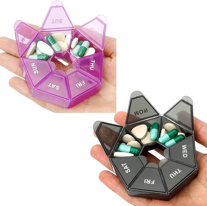 Pill Organizer, 2 Pack Pill Box, Small Pill Case,Medicine Pill 1 Time a Day, Weekly Pills Container, Medicine Holder, Daily Box Travel Container 7 Day(Black &Purple)