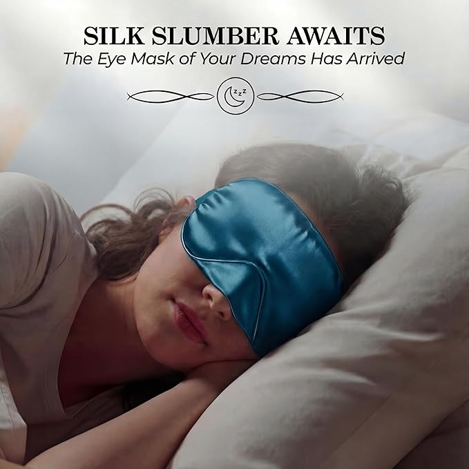 SLEEP SANCTUARY 100% Pure Mulberry Silk Sleep Mask - 22 Momme Light Blocking 3D Contour Silk Eye Mask for Sleeping - Secure Fit for Side Sleepers, Women & Men - Cloud Soft (Peacock Blue)
