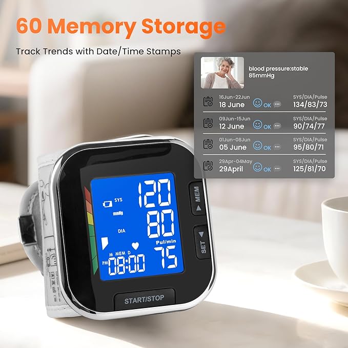 Blood Pressure Monitor Adjustable Wrist Cuff LCD Backlit Display BP Machine for Home Use Stores Up to 60 Readings Batteries Included with Carrying Case, Black