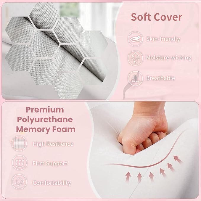 Adult Memory Foam Ergonomic Wedge Prone Pillow, Bed Pillow for Sitting Up, Back, Neck, and Leg Pain Relief, Anti Snoring, Ideal for Massage, Reading, Sleeping, with Removable Washable Cover, Pink