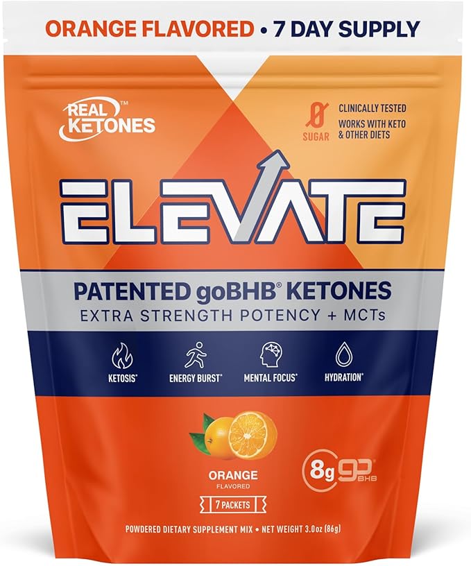 Real Ketones MCT & BHB Exogenous Ketones Drink Mix Packets Elevate Keto Electrolytes Powder Packets No Sugar with 4 Main Electrolytes Plus Hydrating Proprietary Keto BHB - 7-Pack Orange