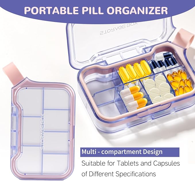 New Weekly Pill Organizer, Moisture-Proof Storage Case, Daily Travel Pill Storage Container, Travel Pill Box – Suitable for Vitamins, Dietary Supplements & Fish Oil(Purple)