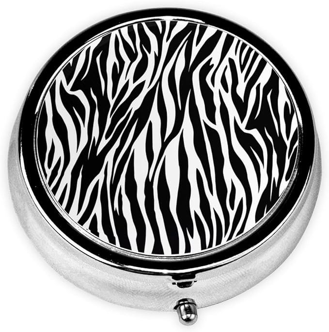 Zebra Print Printed Round Travel Pill Box Cute Small Metal Pocket Pill Case for Men & Women 3 Compartment Portable Pill Organizer for Purse or Pocket