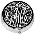 Zebra Print Printed Round Travel Pill Box Cute Small Metal Pocket Pill Case for Men & Women 3 Compartment Portable Pill Organizer for Purse or Pocket