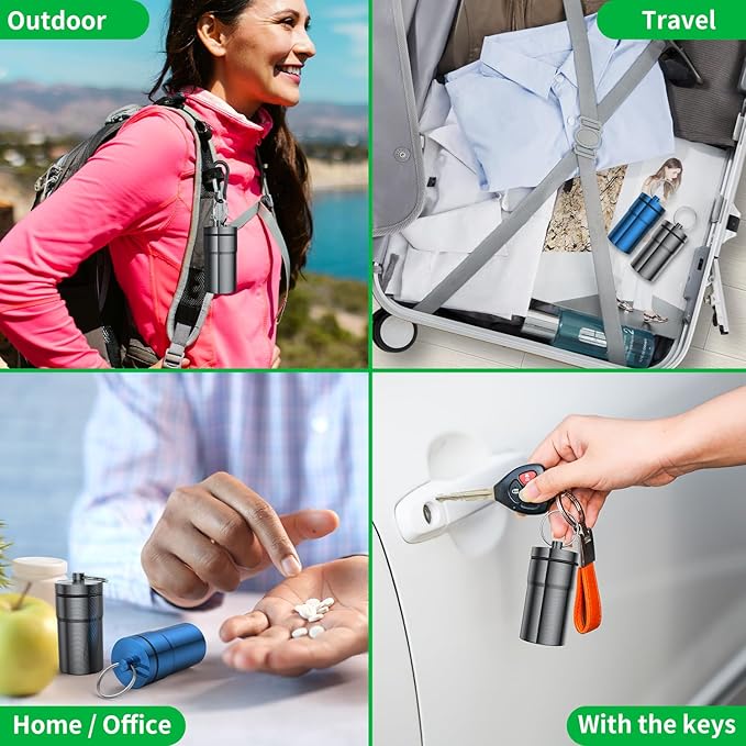 Portable Pill Case Keychain (2 Pack), Large Waterproof Aluminum Pill Container for Round Glucose Tablets & Critical Medicine, Small Pill Holder Travel Pill Box Bottle with Carabiners (Grey Blue)