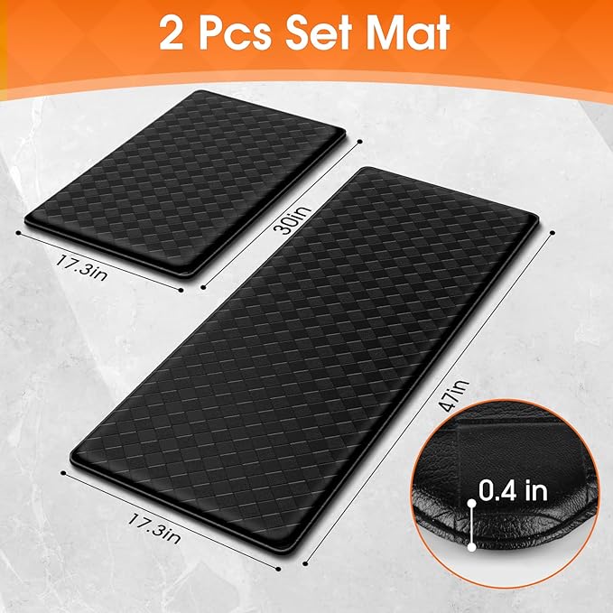 Kitchen Mats, 2PCS Kitchen Rugs, Cushioned Anti Fatigue Kitchen Mats for Floor, Non-Slip Standing Sink Mat, Waterproof Kitchen Rug Set for Kitchen Floor Office,17.3"×30"+17.3"×47" Black