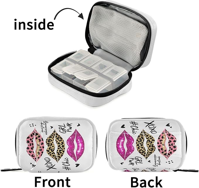Glitter Leopard Lips Pill Organizer Case 7 Day Sexy Lips Shimmer Travel Pill Box with Zipper Portable Weekly Vitamin Medicine Supplement Holder Pouch Bag
