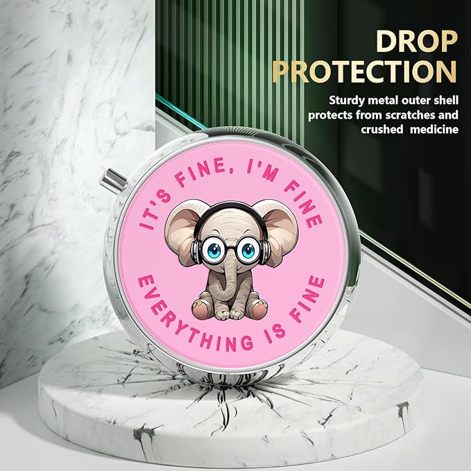 Nipichsha Pill Box, Small Pill Case for Purse & Pocket, Cute Travel Medicine Organizer, Portable Medicine Container Holder to Hold Vitamins, Medication, Fish Oil & Supplement, Pink Pretty Elephant