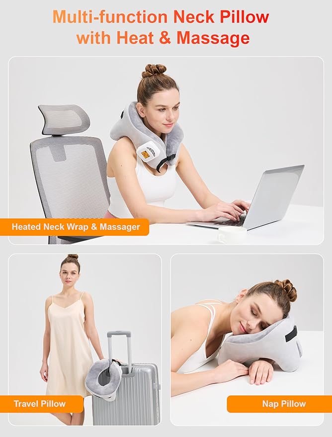 CAMECO 4 in 1 Neck Heating Pad & Massager & Nap Pillow & Travel Pillow for Pain Relief, 5000mAh Cordless 3D U-Shaped Vibration Massage Heated Neck Wrap for Traveling Sleeping Airplane, Memory Foam