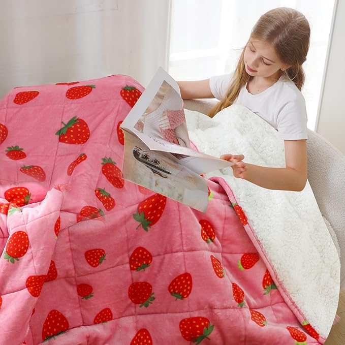 Aemicion Kids Weighted Blanket 7 pounds Twin Size 41"x 60",Soft Sherpa Fleece Heavy Blanket for Sleeping Perfect for 60-90lbs, Cute Strawberry Pink Weighted Throw Blanket as Gifts for Daughter Girls