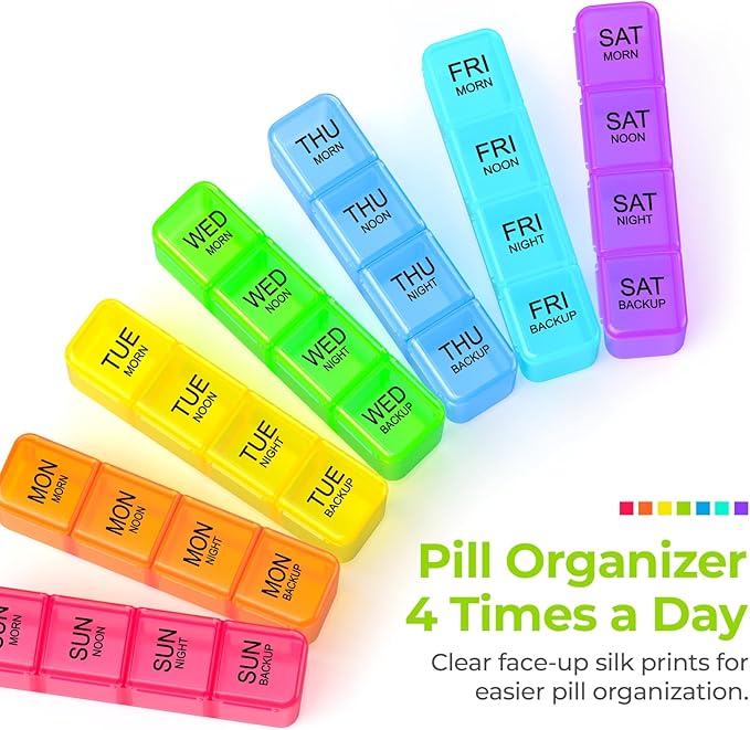 AUVON Weekly Pill Organizer 4 Times a Day in 7 Colors with Face-Up Labels for Easy Organization, Portable AM PM Pill Box 7 Day with Dual Protection Keeps Medications, Vitamins, Fish Oils from Spills
