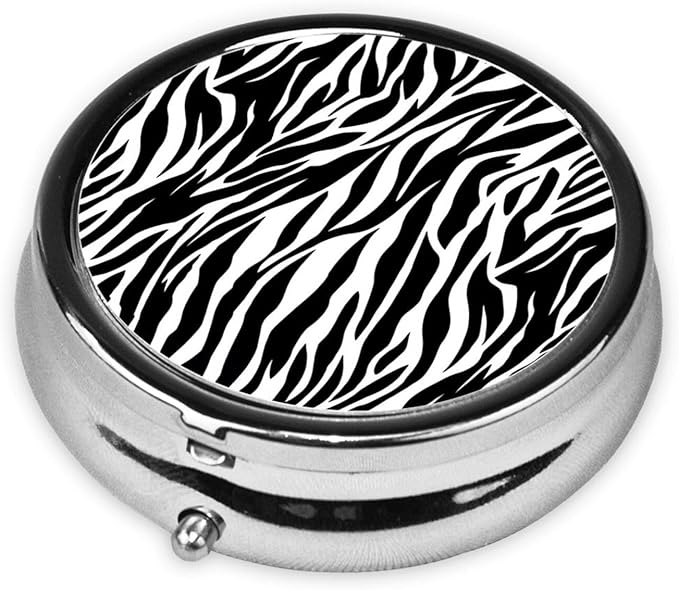 Zebra Print Printed Round Travel Pill Box Cute Small Metal Pocket Pill Case for Men & Women 3 Compartment Portable Pill Organizer for Purse or Pocket