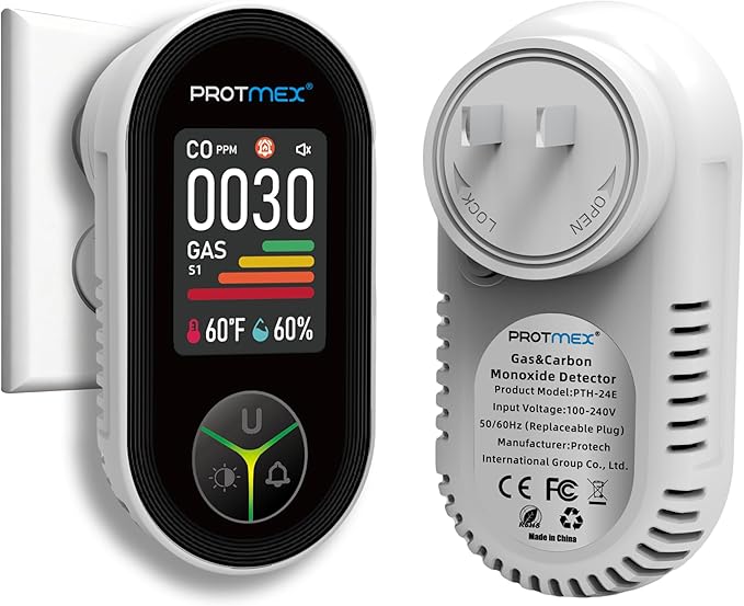 Protmex 4-in-1 Plug-in Carbon Monoxide Detector & Natural Gas Leak Detector, Portable CO Alarm Gas Leak Monitor with Temperature & Humidity Sensor, Large Display Indoor Air Quality Monitor