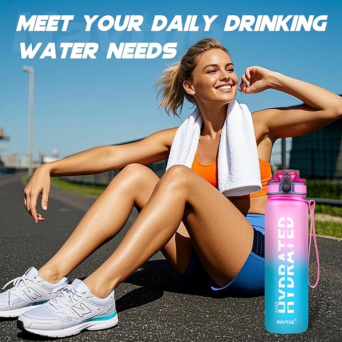 Water Bottle, 32 oz Sports Water Bottles with Time Marker Wide Mouth, Motivational and Leakproof Drink Bottle, BPA Free Tritan with Carry Strap for Gym Fitness Outdoor(1 Bottle)