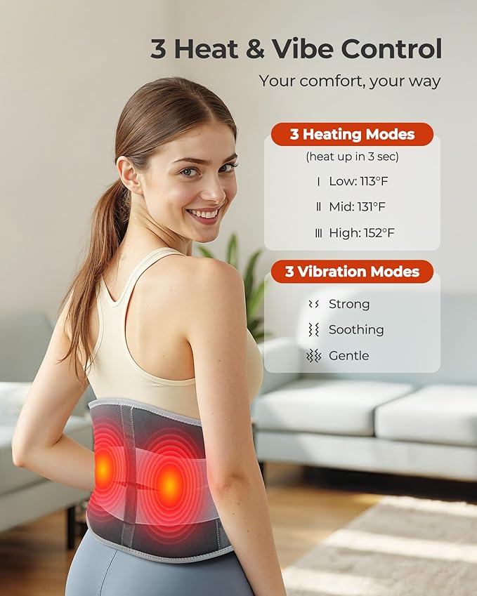 Cordless Portable Heating Pad with Massager, Lower Back Pain Relief, Wearable for Period Cramps, 3 Heat/3 Vibration/3 Timer, Rechargeable Auto-Off, Birthday Gifts for Dad Mom Men Women