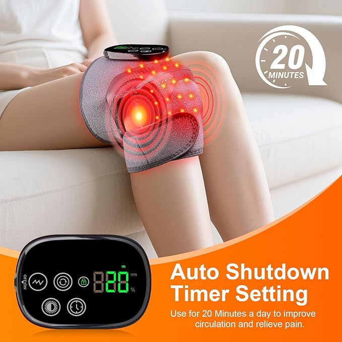 Knee Massager with Heat and Red Light Therapy and Vibration, 660nm & 850nm Infrared Red Light Therapy for Pain Relief, 5000mAh Protable Rechargeable Heated Brace for Knee, Joint, Elbow, Shoulder
