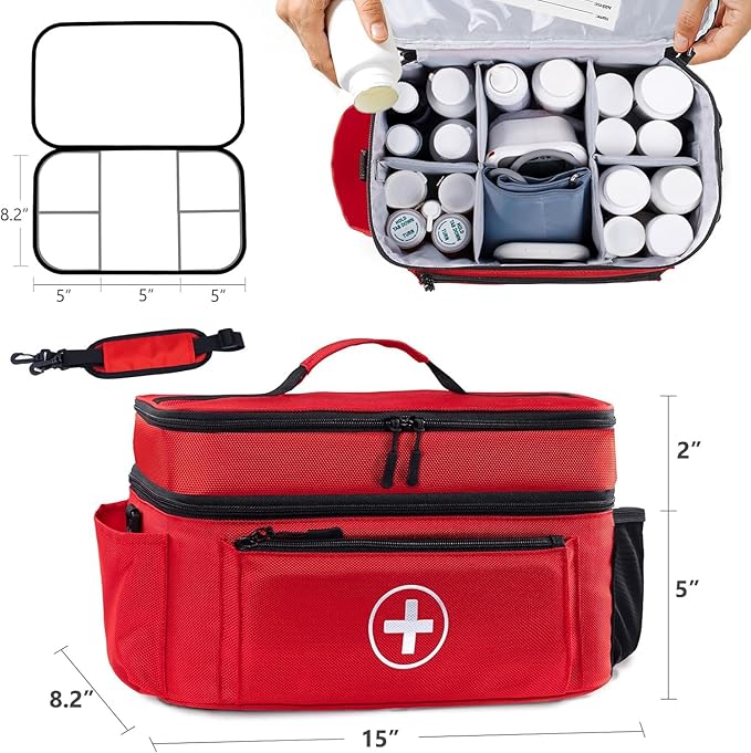 Medicine Organizer and Storage Bag Empty, Family First Aid Box, Pill Bottle Organizer Bag for Emergency Medication, Supplements or Medical Kits, Zippered Medicine Bag for Home and Travel (Red)