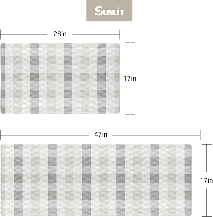 Sunlit Set of 2 Anti Fatigue Kitchen Floor Mat, Non Slip Waterproof Comfort Standing Mat, 0.4Inch Thick Cushioned Farmhouse Kitchen Rug Runner, Buffalo Plaid(Size:17"x28"&17"x47") Light Coffee
