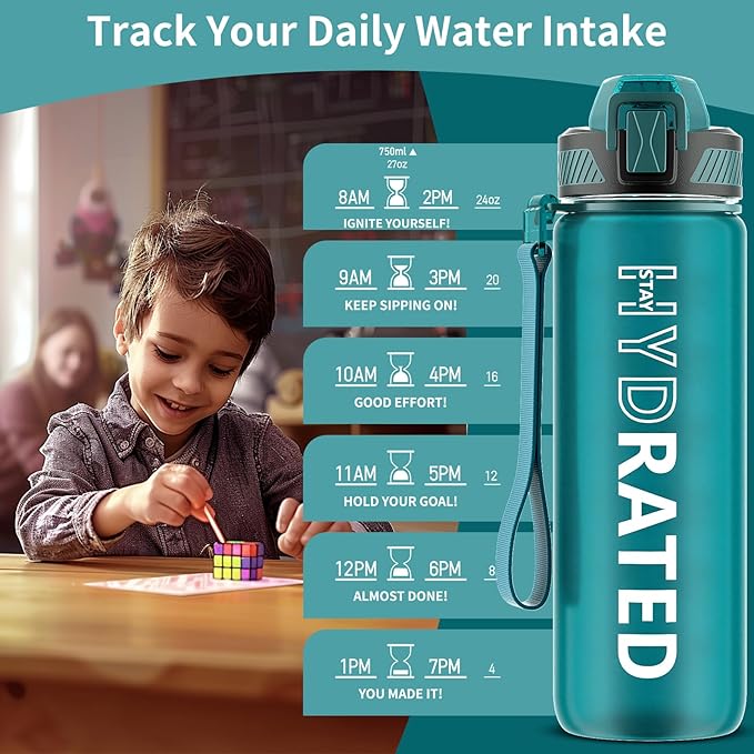 Water Bottle with Straw, 27oz Motivational Water Bottles with Time Marker to Drink, Tritan BPA Free, 750ml Sports Water Bottle with Carry Strap LeakProof for School Fitness Outdoor (1Pack)