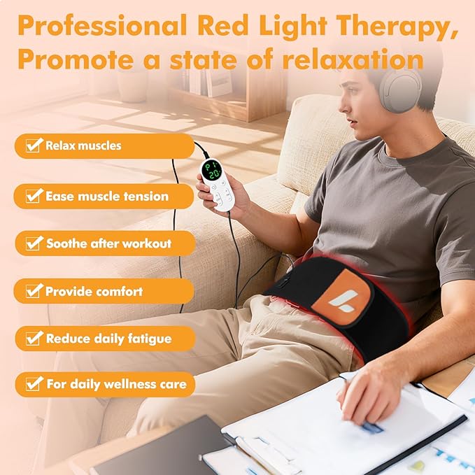 Red Light Therapy Belt with Remote, 120 LEDs 660nm & 850nm Infrared Light Therapy Wrap for Body, 20W Highest Power, Timer, 5 Level Adjustable LEDs Light Therapy Belt for Back Shoulder Waist Muscle