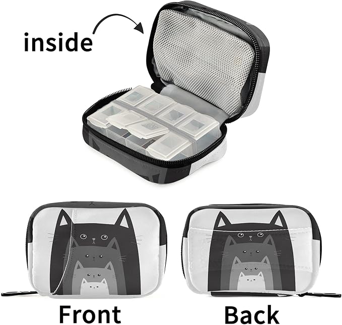 Naanle Funny Cats in Row Pill Box 7 Day Pill Case Travel Pill Organizer Bag with Zipper Portable Weekly Case Compact Size for Vitamin Supplement Holder