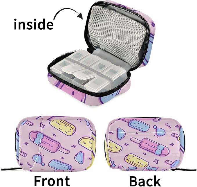 Summer Ice Cream Pink Travel Pill Organizer Case Box Container Weekly Portable Vitamin Medicine Holder Storage Bag with Zipper Removable