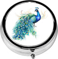 Pill Box, 3 Compartments Small Pill Case Travel Portable Metal Medicine Box with Mirror Mini Container for Purse Pocket Women Men（Watercolor Peacock）