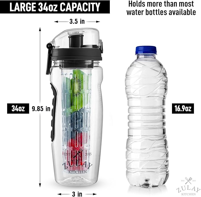 Zulay Fruit Infuser Water Bottle - 34oz - Leakproof With Full-Length Infusion Rod - Men Women's Ideal Fitness Gift Or For Gym, Camping