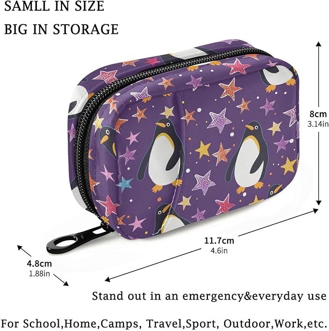 Fustylead Cute Penguin and Colorful Stars on Purple Background Pill Organizer for Purse, Weekly Portable Pill Box with Zipper to Storage Vitamins Fish Oils Medications Supplements