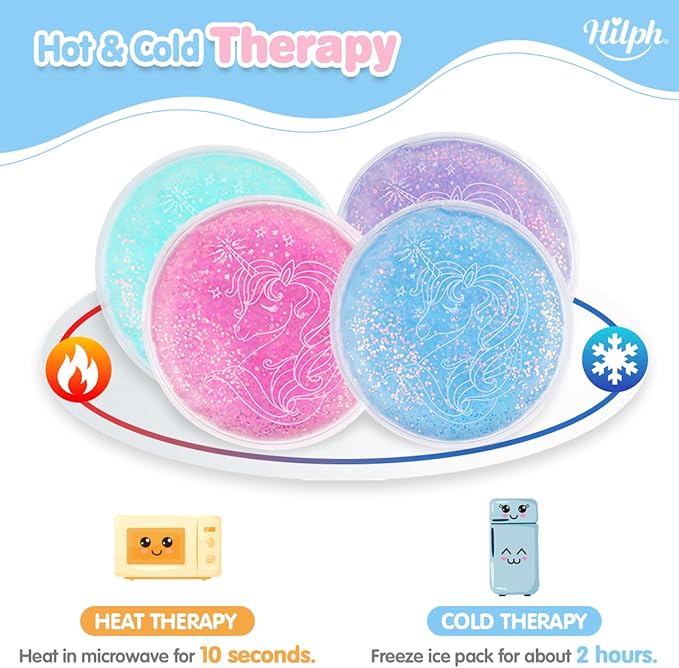Hilph Kids Ice Pack for Boo Boos - Reusable 4 Toddler Ice Packs With 1 Sleeve for Injuries, Cute Hot Cold Pack for Baby Pain Relief, Bump, Bruise, Wisdom Teech (Unicorn)