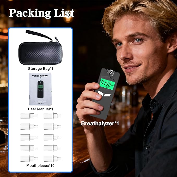 Personal Breathalyzers for Alcohol, Pocket Breathalyzer with Reord Checking Mode, Digital Home Breathalyzer for Alcohol with Audible and Color Alarm, Black