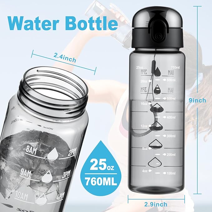 Clear Water Bottle, Wide Mouth Leakproof Water Bottle with Time Marker, 26OZ Plastic Water Bottles, Lightweight for Sports, Travel, Black