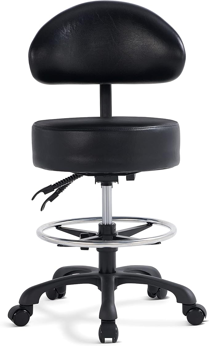 Swivel Rolling Stool Round Chair,Thick Sturdy Padding,Adjustable Stool with Wheels for Doctor,Medical,Massage Salon,Office,Shop(with New Back, Black)