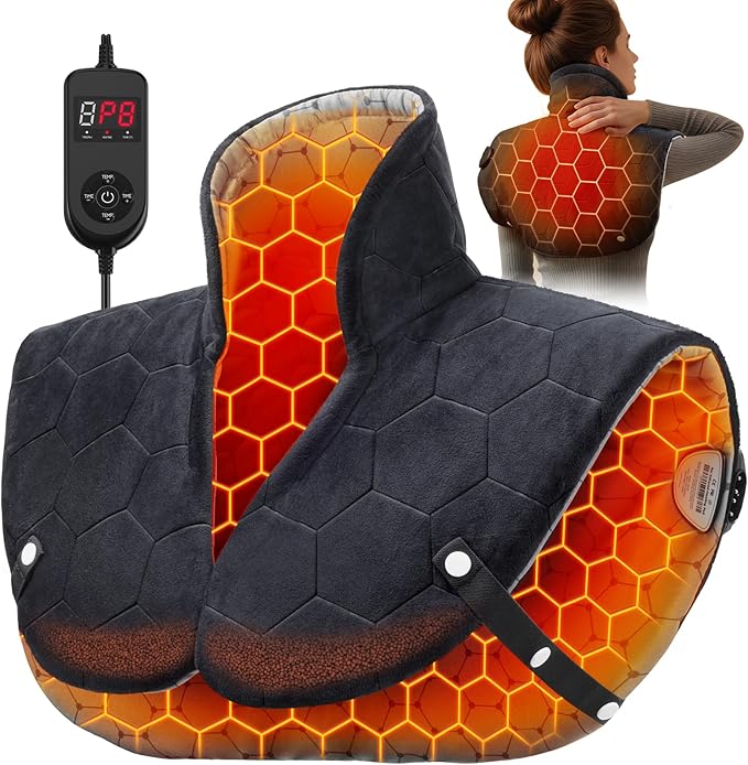 Far Infrared Heating Pad for Neck and Shoulders – 2X Carbon Fiber 6X Deeper Heat for Fast Relief from Chronic Pain in Seniors – 8 Heat Levels, 4H Auto Shut Off, Ideal for Winter (Black)