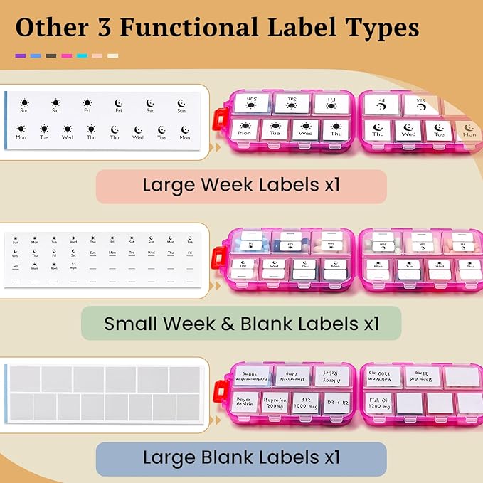 Travel Pill Organizer with Bulk Stickers & Labels - Small & Portable Daily Medicine Pharmacy for Pocket, Bag - 14-Compartment Foldable Supplement Box Holder for Fish Oil Vitamin - Clear Pink