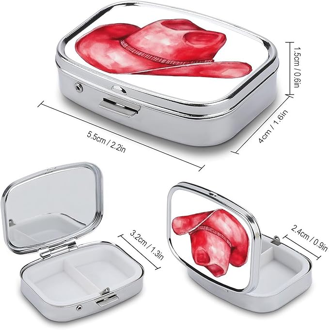 Red Cowboy Hat Pill Box 2 Compartment Portable Medicine Pill Case Travel Pill Organizer for Pocket Purse