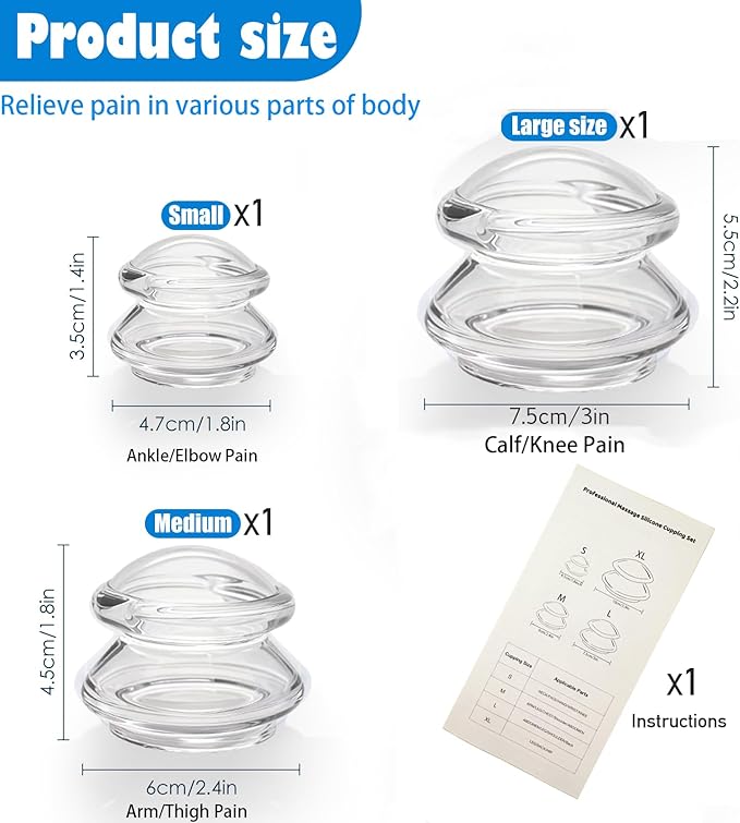 3PCS Silicone Cupping Therapy Set Massage Cups for Muscle Relief/Facial Cellulite Massage/Body Sculpt, Home Use Portable Body Sculpting Kit with Large, Medium, Small Cups (Clear)