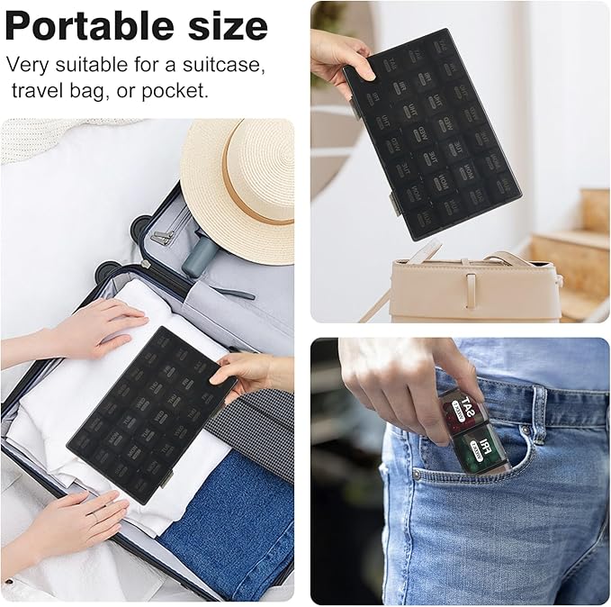 Monthly Pill Organizer, Once a Day, 4 Weeks a Month, 28 Days in a Large Pill Box, Portable for Travel, can Hold a Large Amount of Vitamins, Supplements, Fish Oil, and Medication (Black)