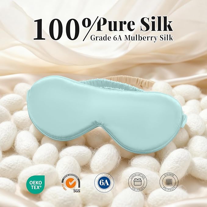 THXSILK 6A+ Grade 25 Momme Silk Sleep Mask, 100% Mulberry Blackout Eye Mask for Sleeping, Soft Lightweight Silk Eye Cover for Women, Men, Travel, Nap, Airplane(4.7×27.5inches, Light Blue)